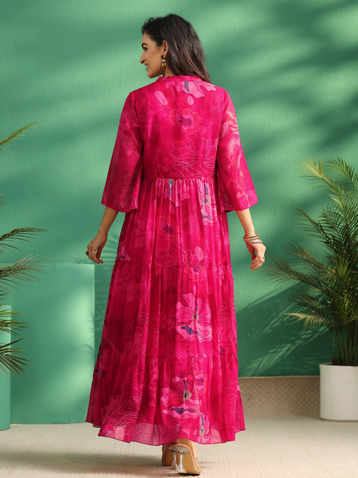 Anouk Fuchsia Pink Floral Printed Chiffon Tiered Dress