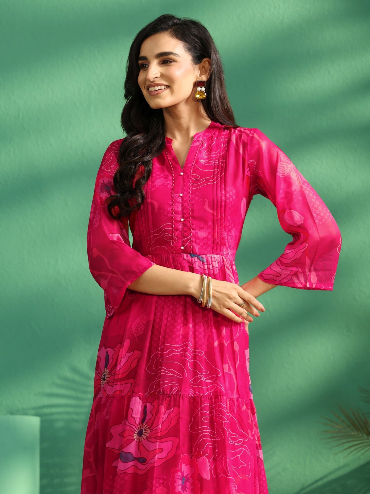 Anouk Fuchsia Pink Floral Printed Chiffon Tiered Dress