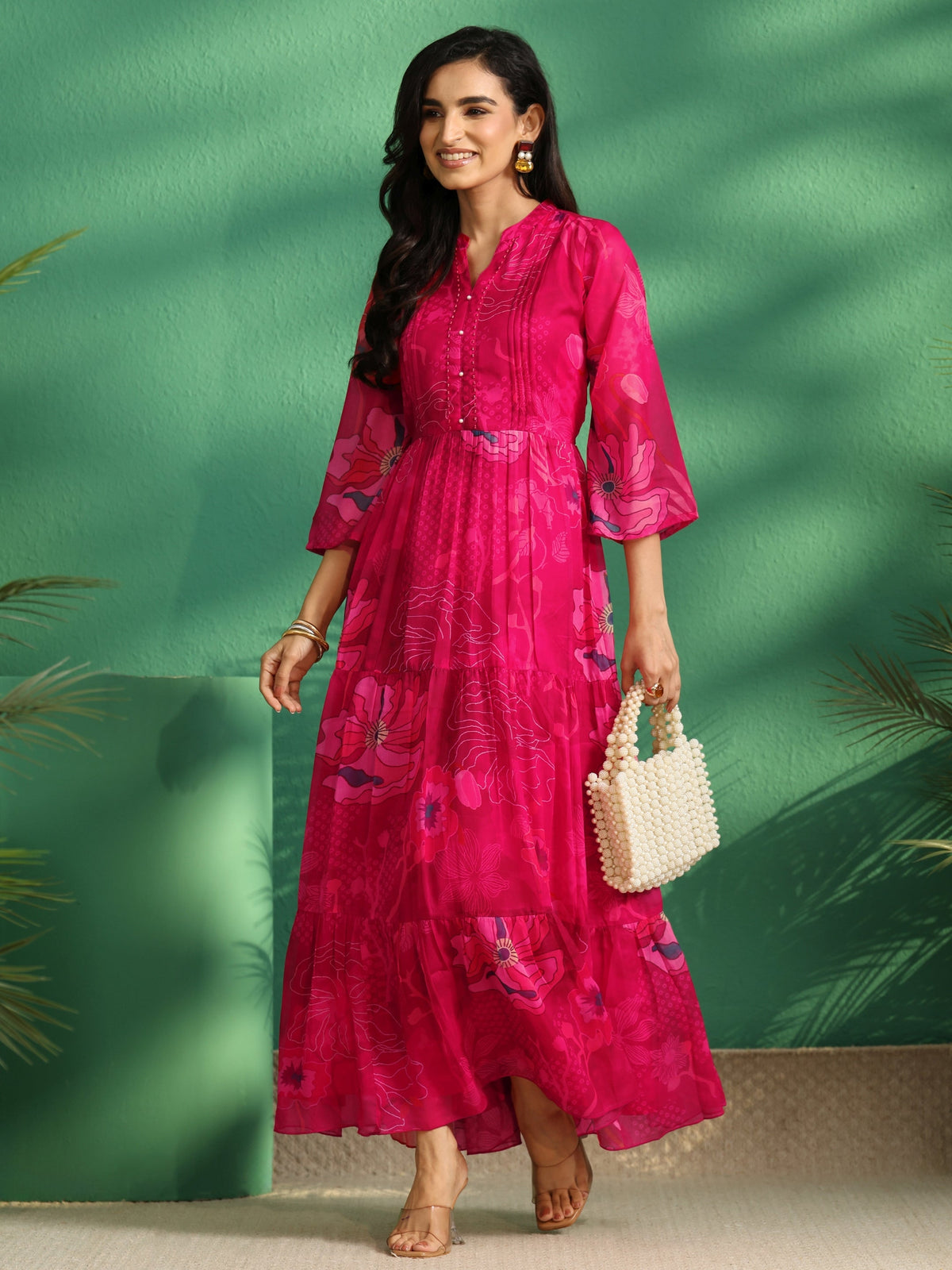 Anouk Fuchsia Pink Floral Printed Chiffon Tiered Dress