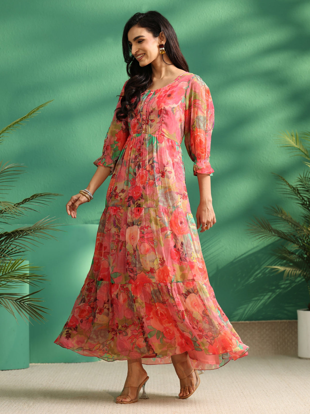 Anouk Pink Floral Printed Chiffon Tiered Dress