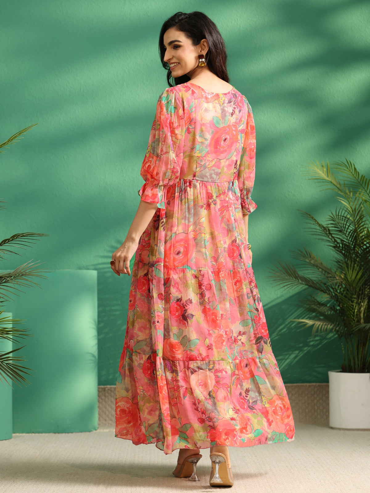 Anouk Pink Floral Printed Chiffon Tiered Dress