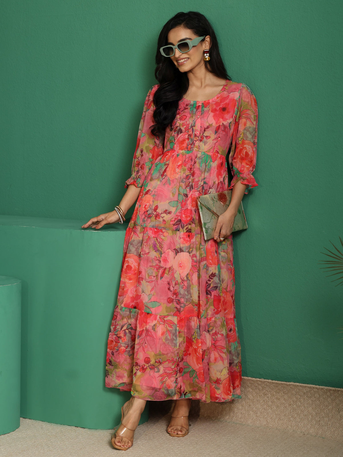 Anouk Pink Floral Printed Chiffon Tiered Dress