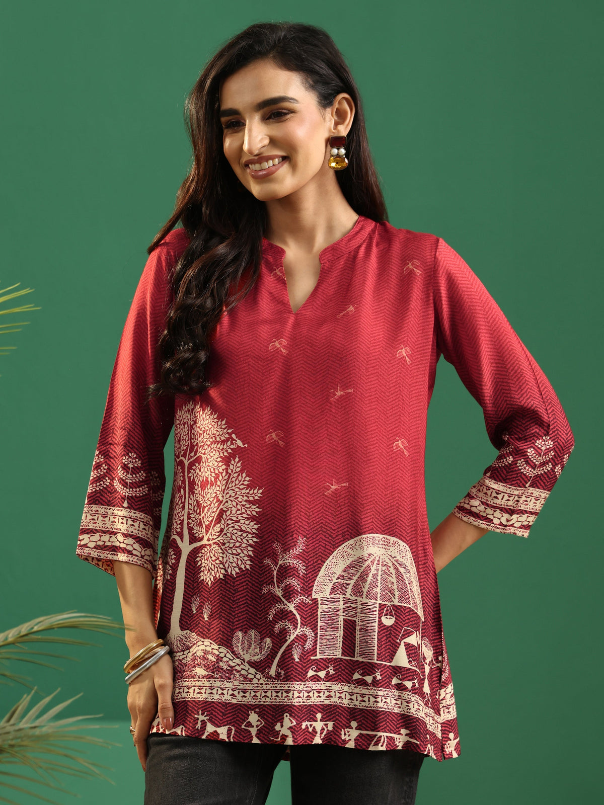 Anouk Maroon Red Warli Print Muslin Straight Short Kurti