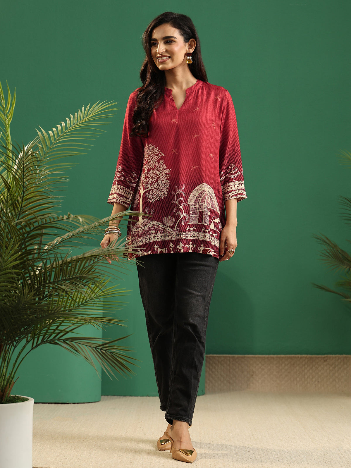 Anouk Maroon Red Warli Print Muslin Straight Short Kurti