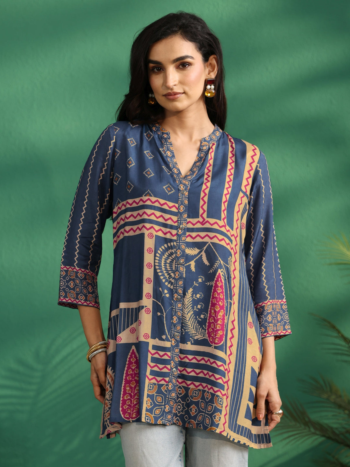 Anouk Teal Blue Printed Muslin Short Kurti