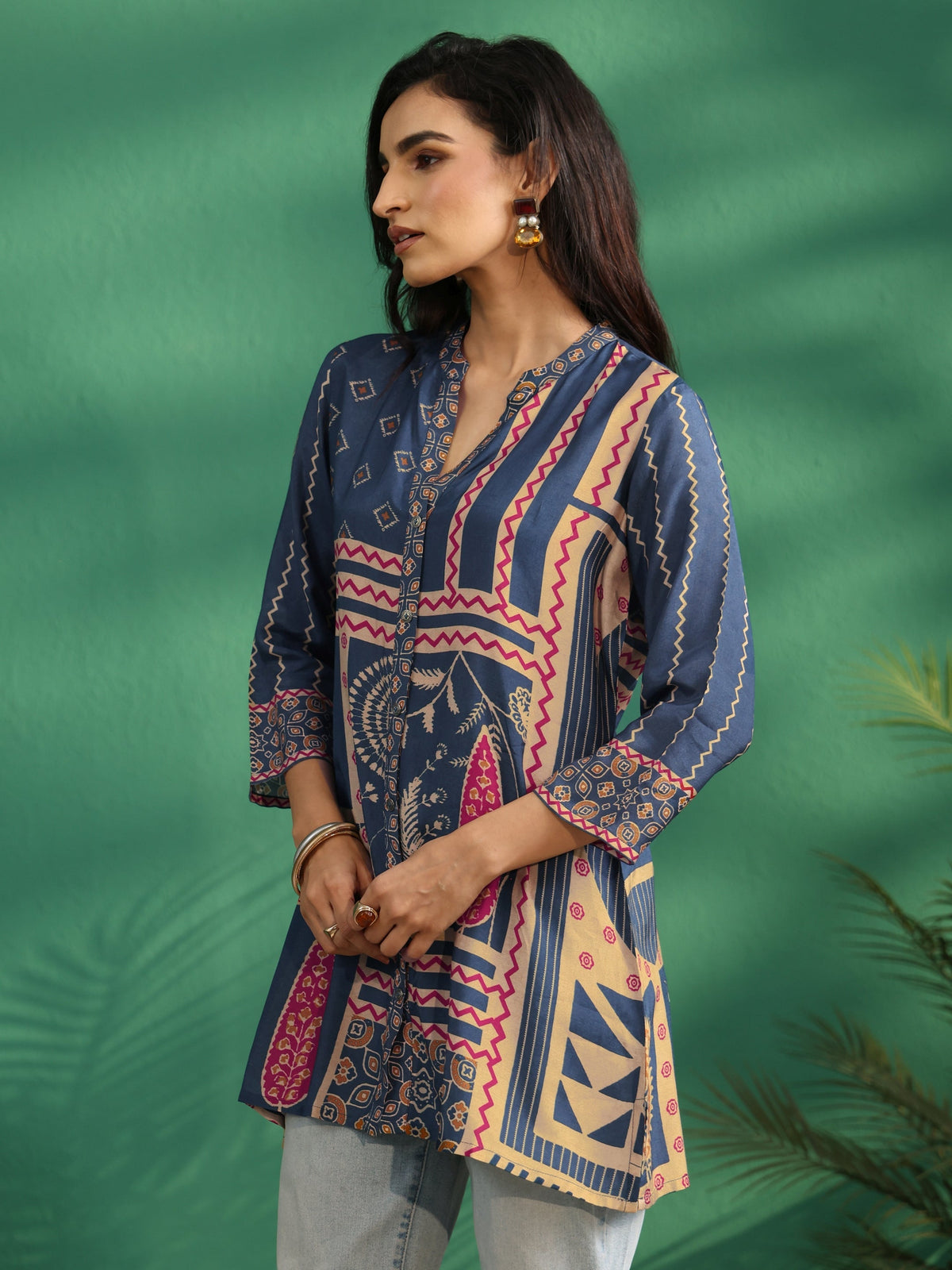 Anouk Teal Blue Printed Muslin Short Kurti