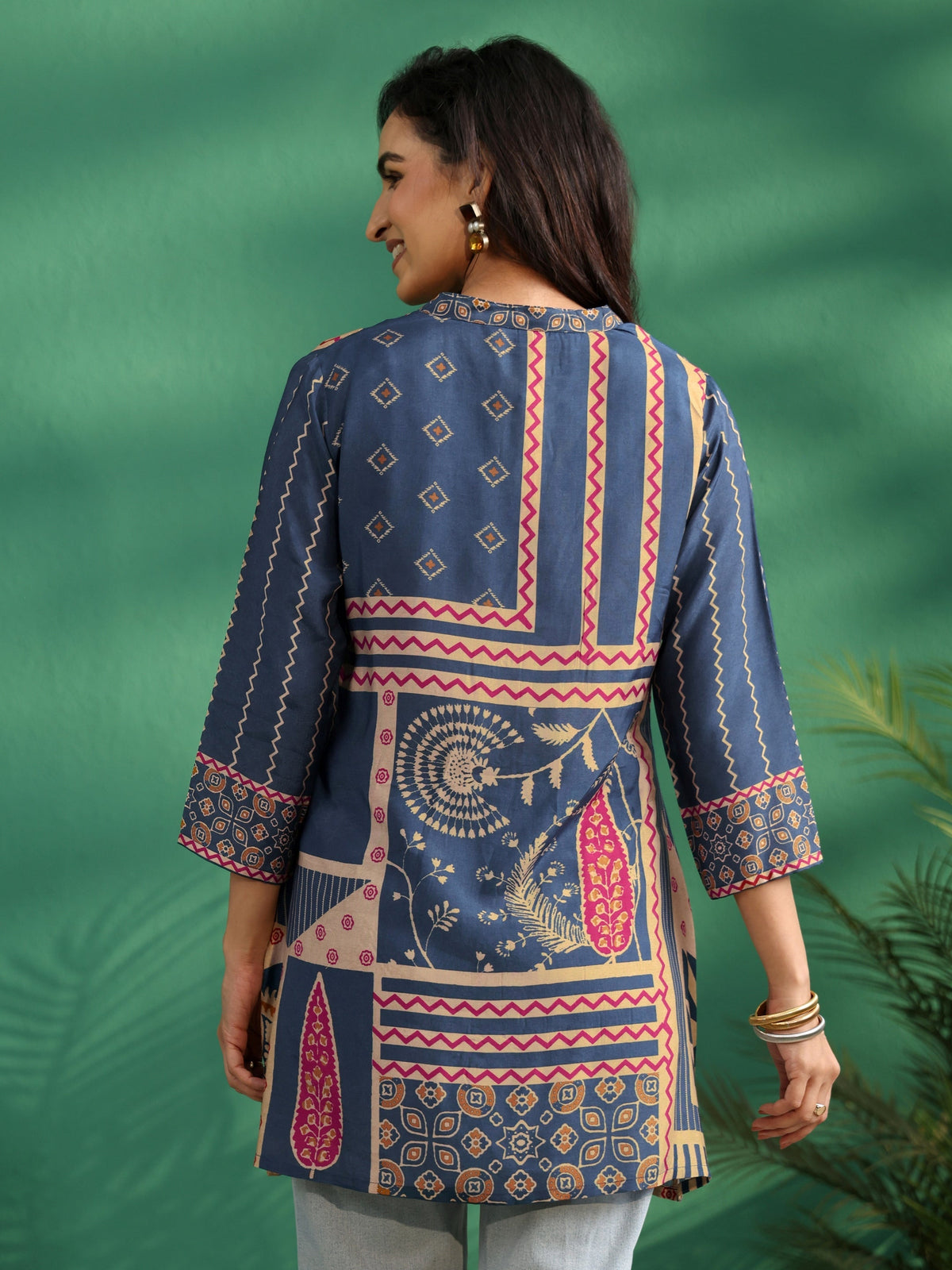 Anouk Teal Blue Printed Muslin Short Kurti