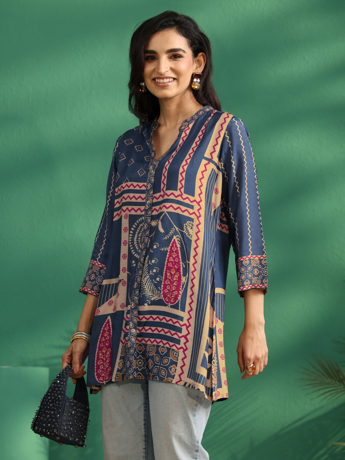 Anouk Teal Blue Printed Muslin Short Kurti