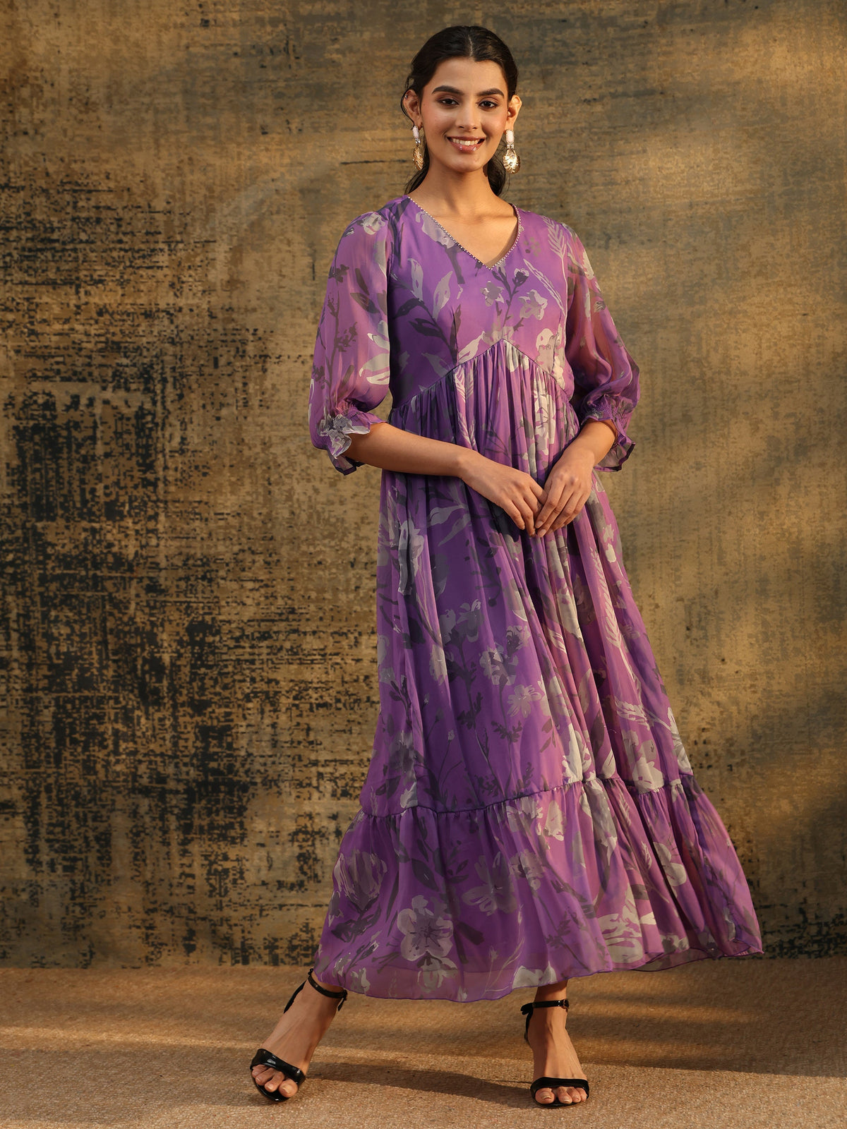 Anouk Orchid Purple Floral Printed Empire Chiffon Dress