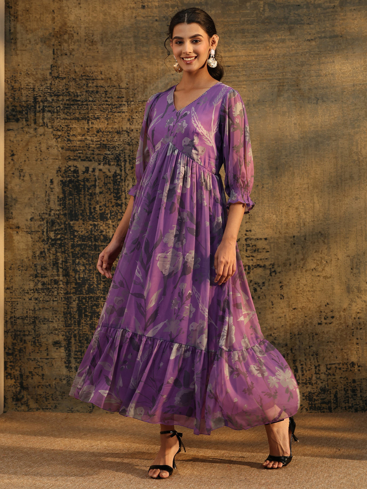 Anouk Orchid Purple Floral Printed Empire Chiffon Dress