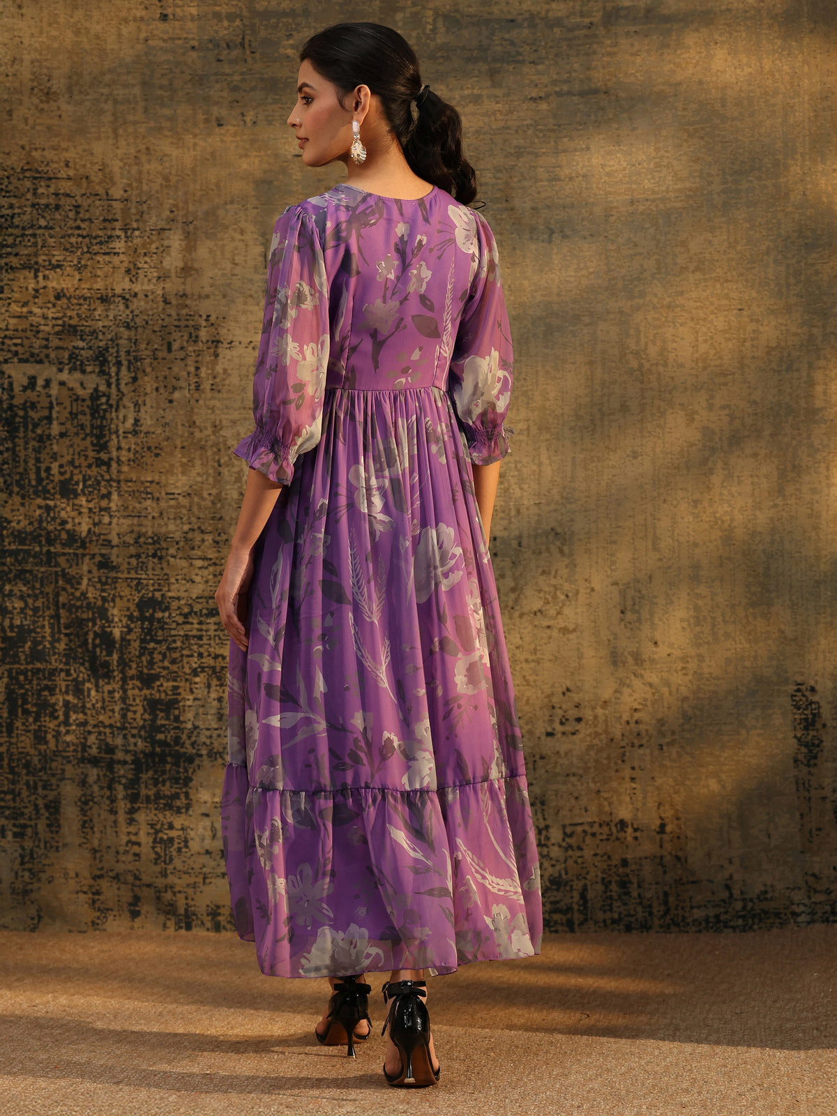 Anouk Orchid Purple Floral Printed Empire Chiffon Dress