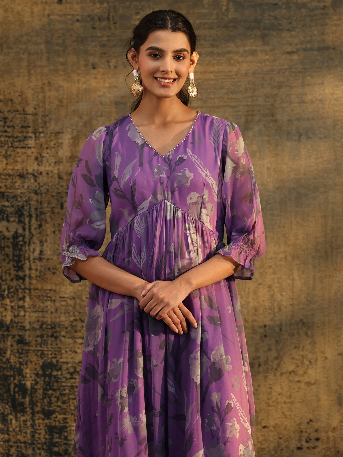 Anouk Orchid Purple Floral Printed Empire Chiffon Dress