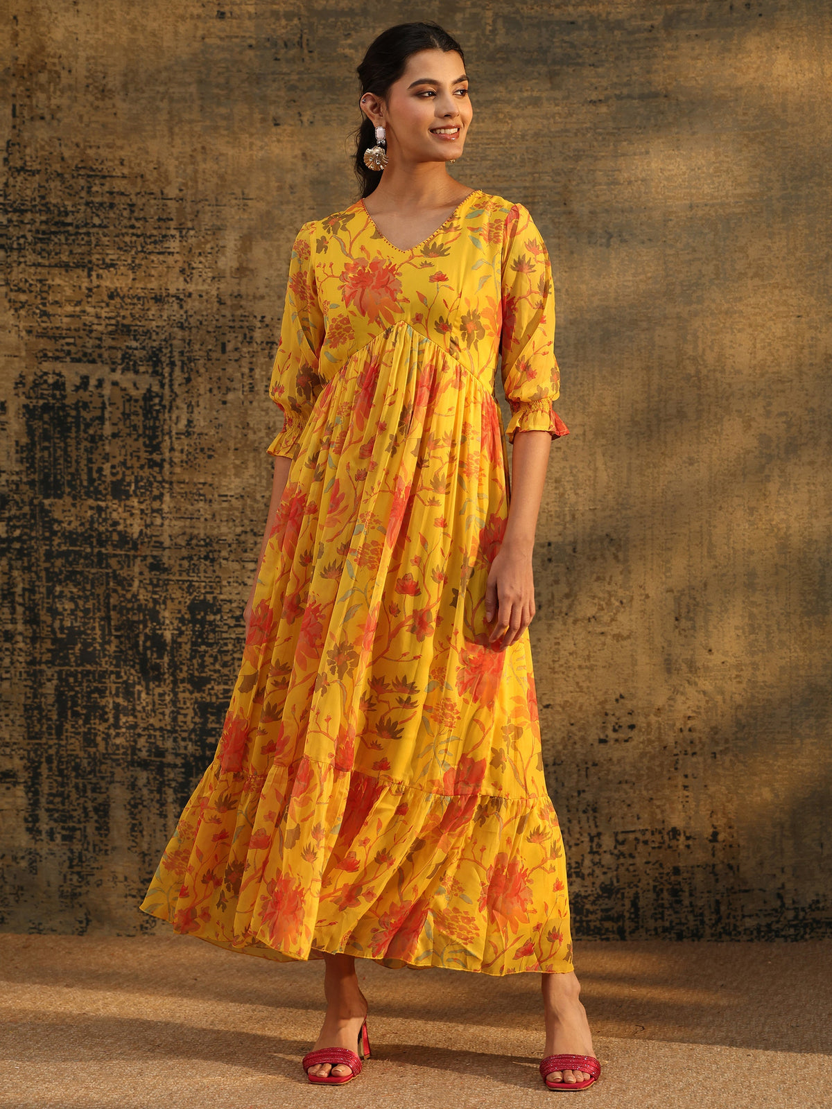 Anouk Yellow Floral Printed Empire Chiffon Dress