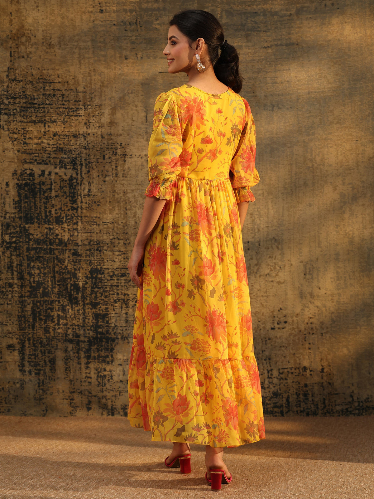 Anouk Yellow Floral Printed Empire Chiffon Dress