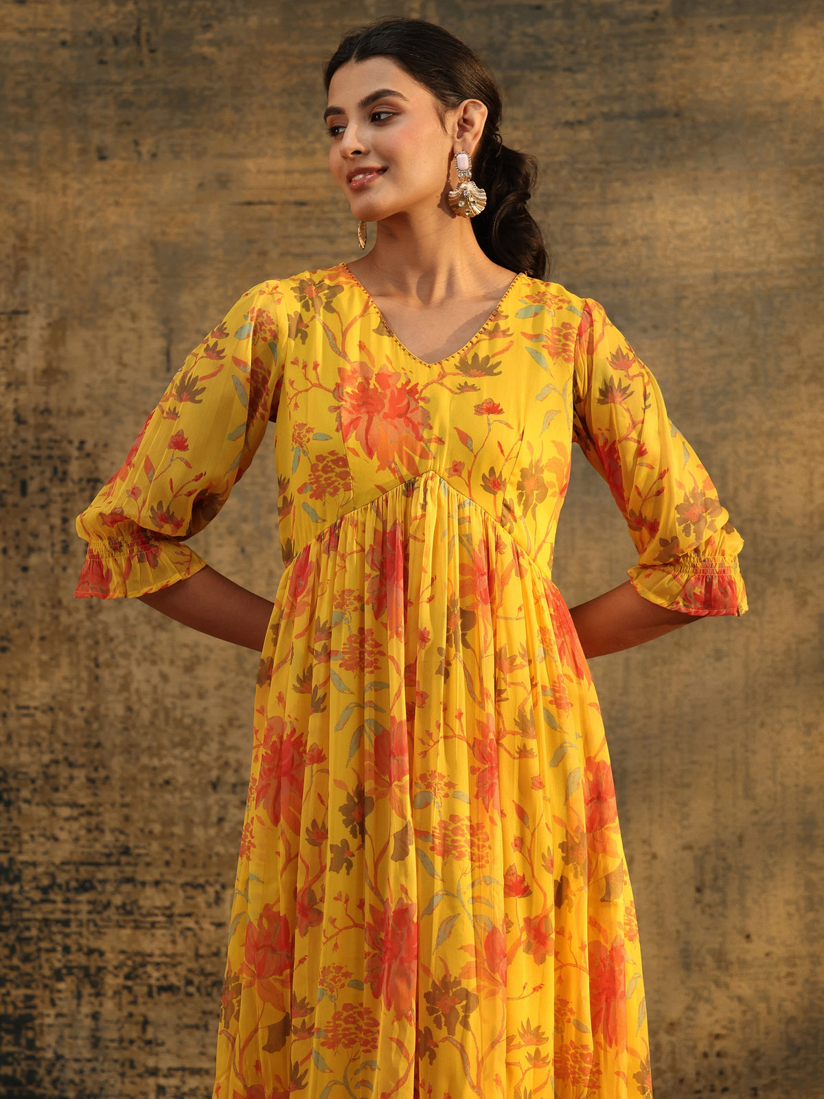 Anouk Yellow Floral Printed Empire Chiffon Dress