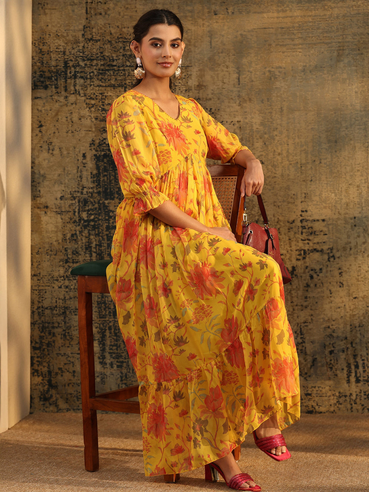 Anouk Yellow Floral Printed Empire Chiffon Dress