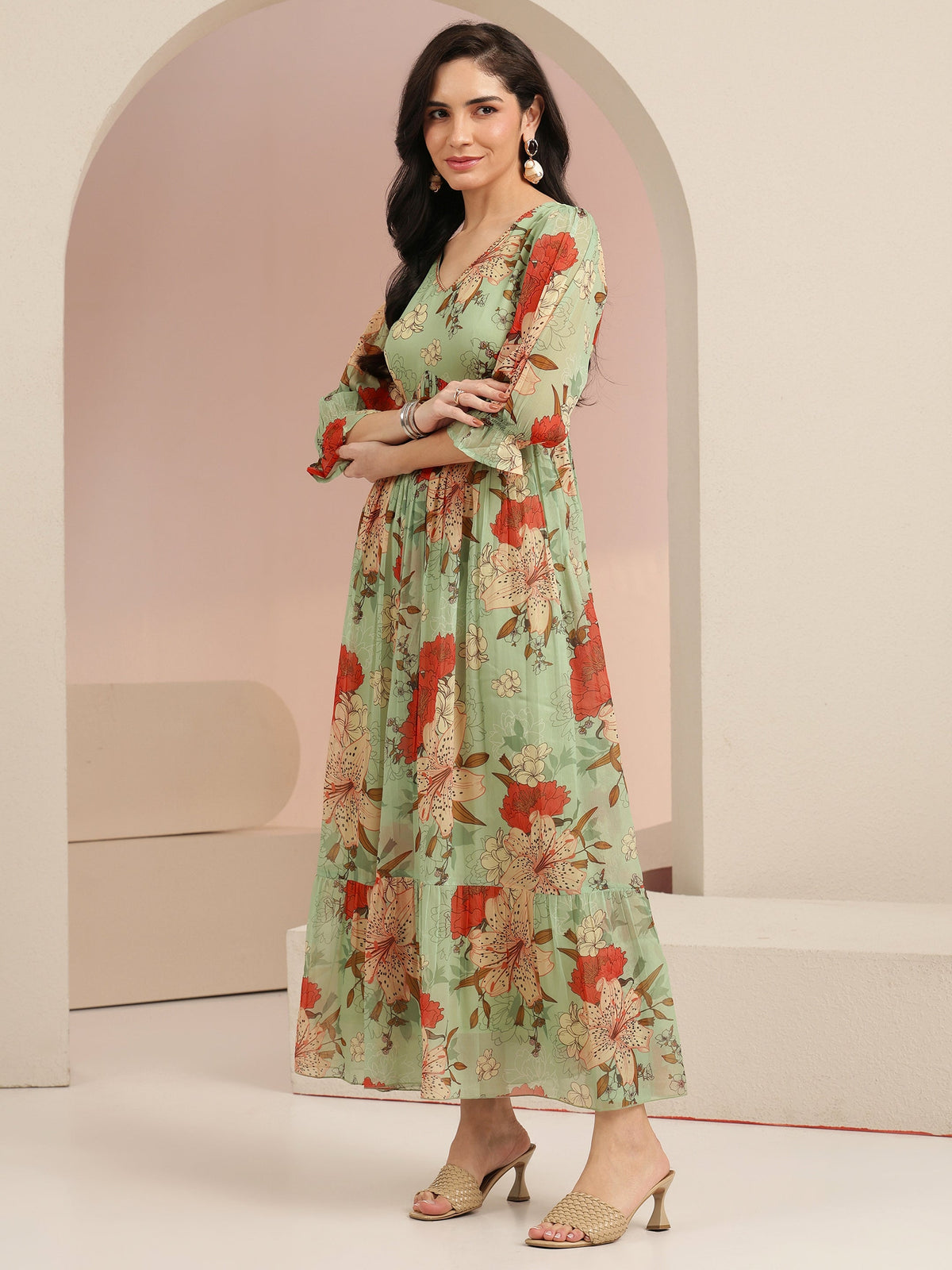 Anouk Mint Green Floral Printed Chiffon Empire Dress