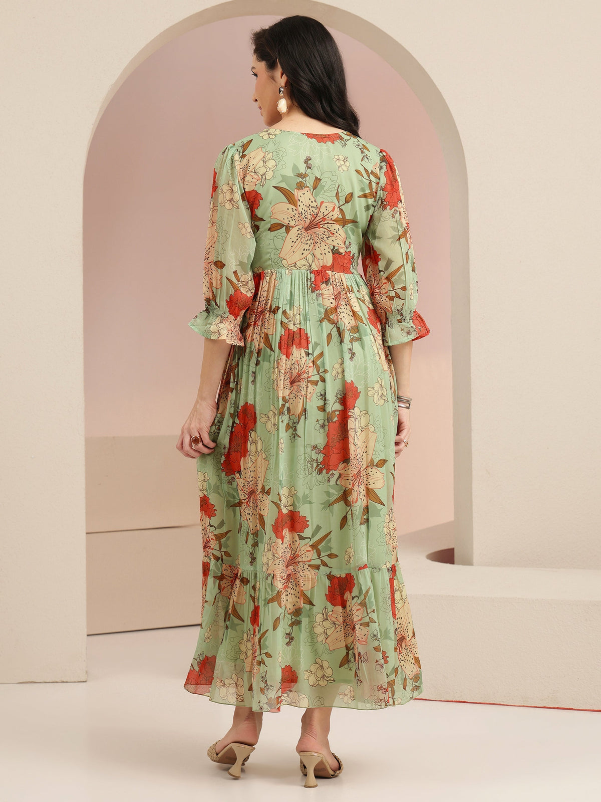 Anouk Mint Green Floral Printed Chiffon Empire Dress