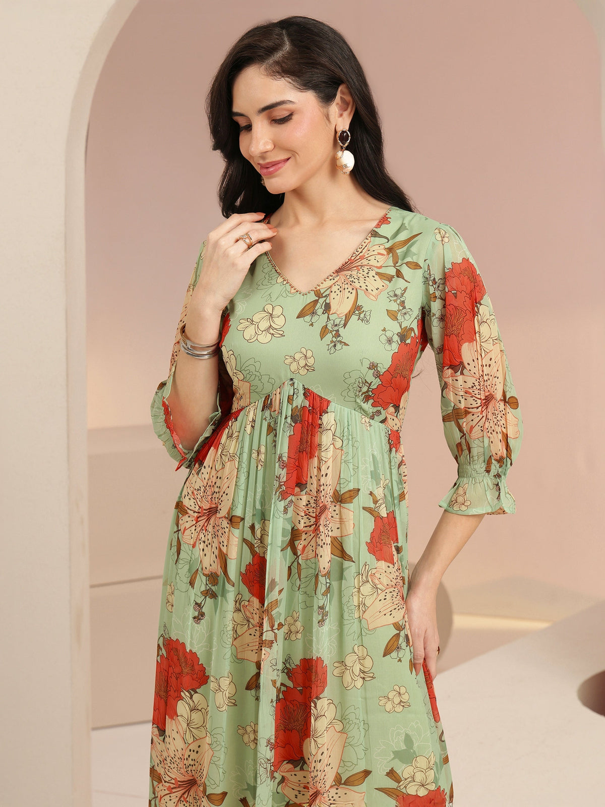 Anouk Mint Green Floral Printed Chiffon Empire Dress