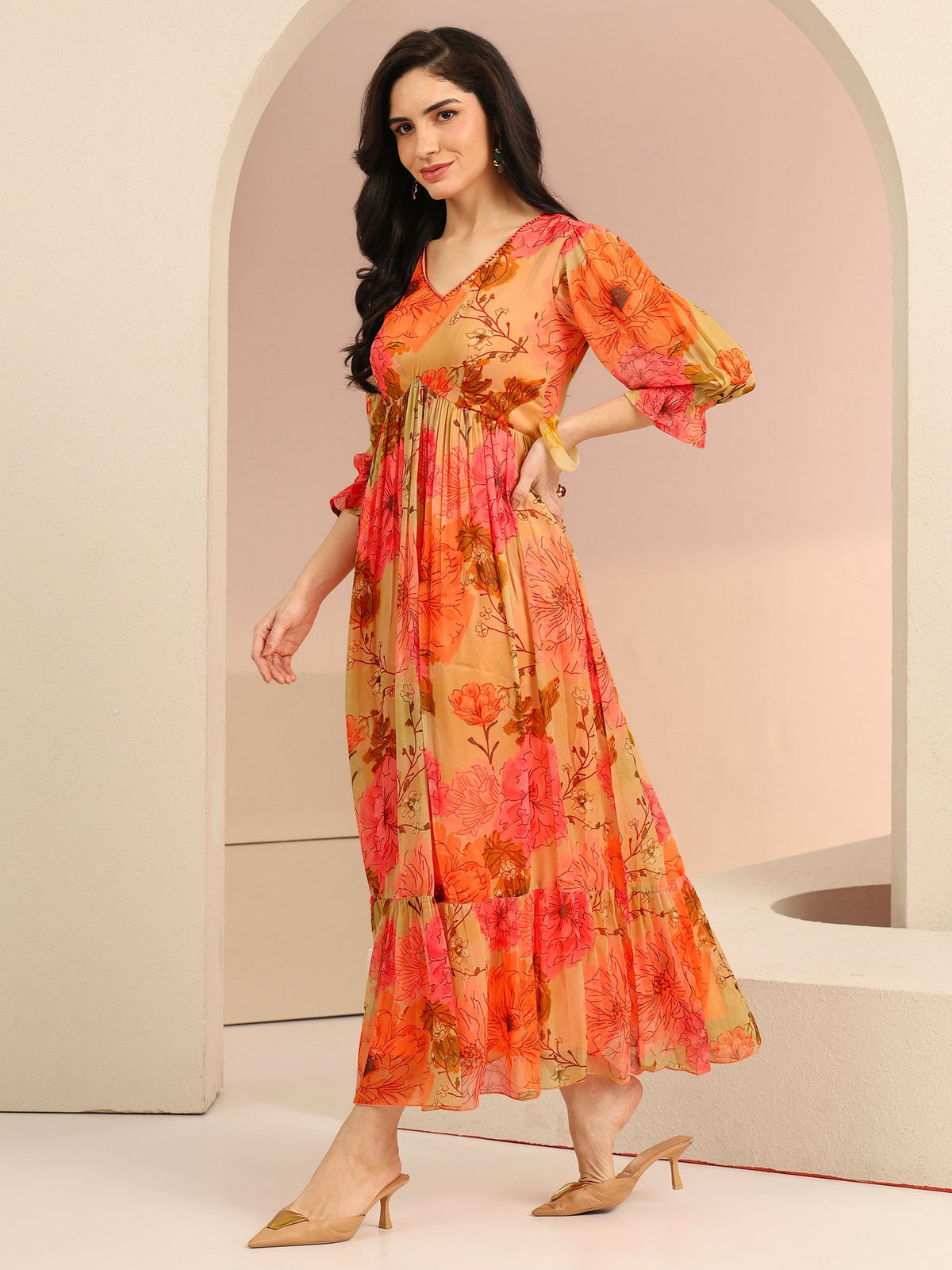 Anouk Beige Floral Printed Chiffon Empire Dress