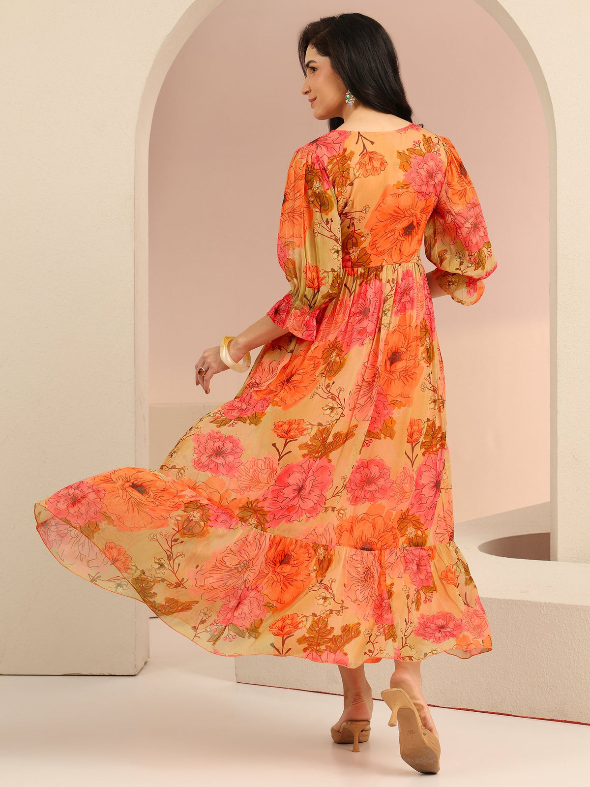 Anouk Beige Floral Printed Chiffon Empire Dress
