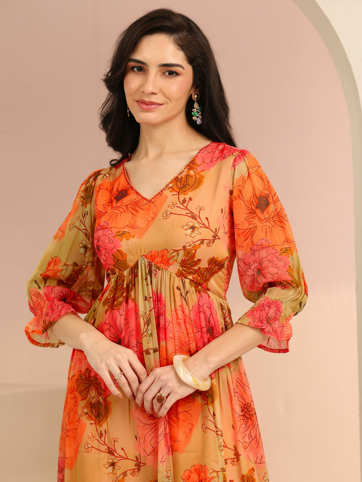 Anouk Beige Floral Printed Chiffon Empire Dress