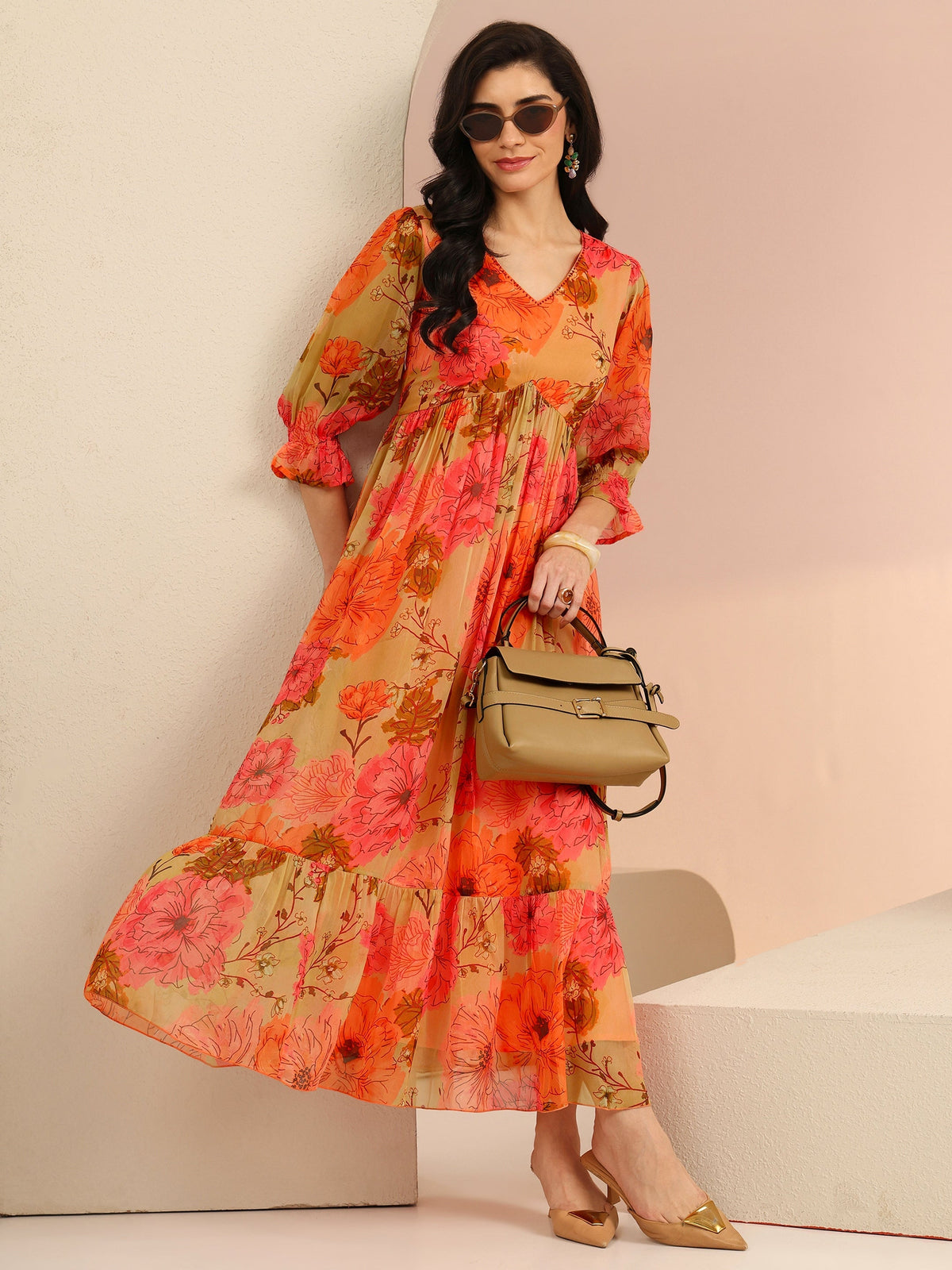 Anouk Beige Floral Printed Chiffon Empire Dress