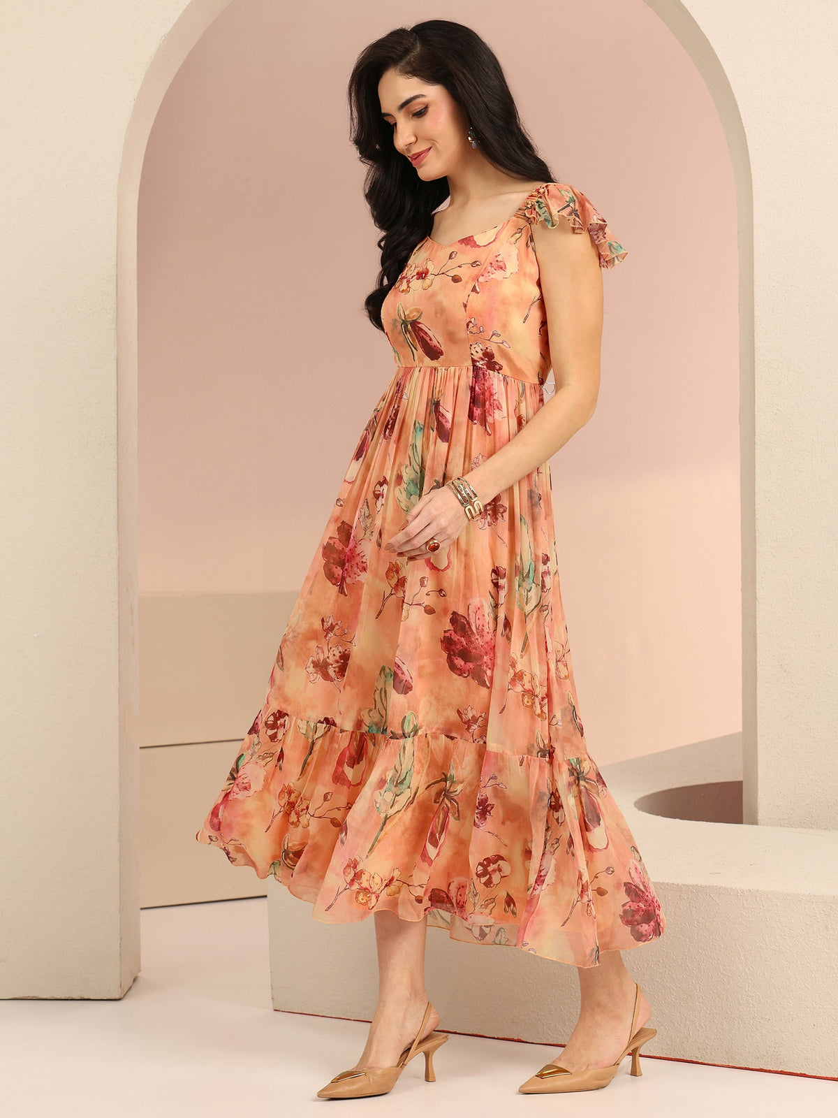Anouk Peach Floral Printed Chiffon A-Line Dress