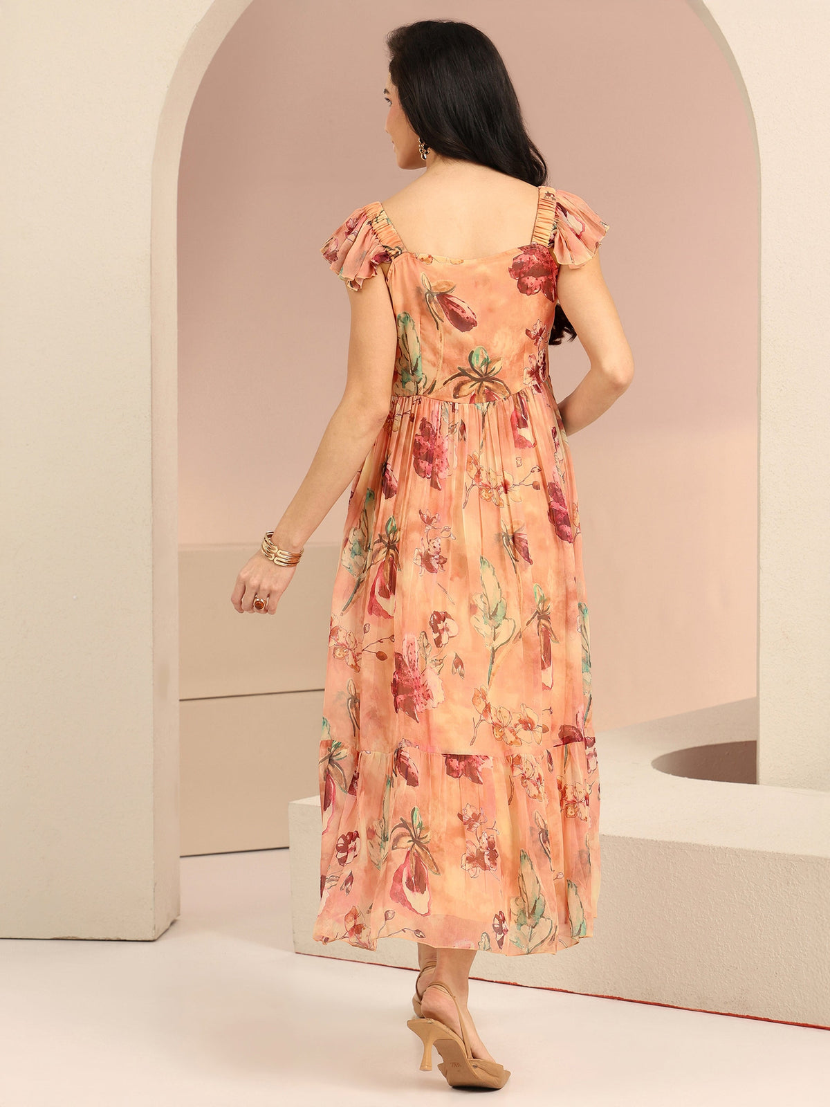 Anouk Peach Floral Printed Chiffon A-Line Dress