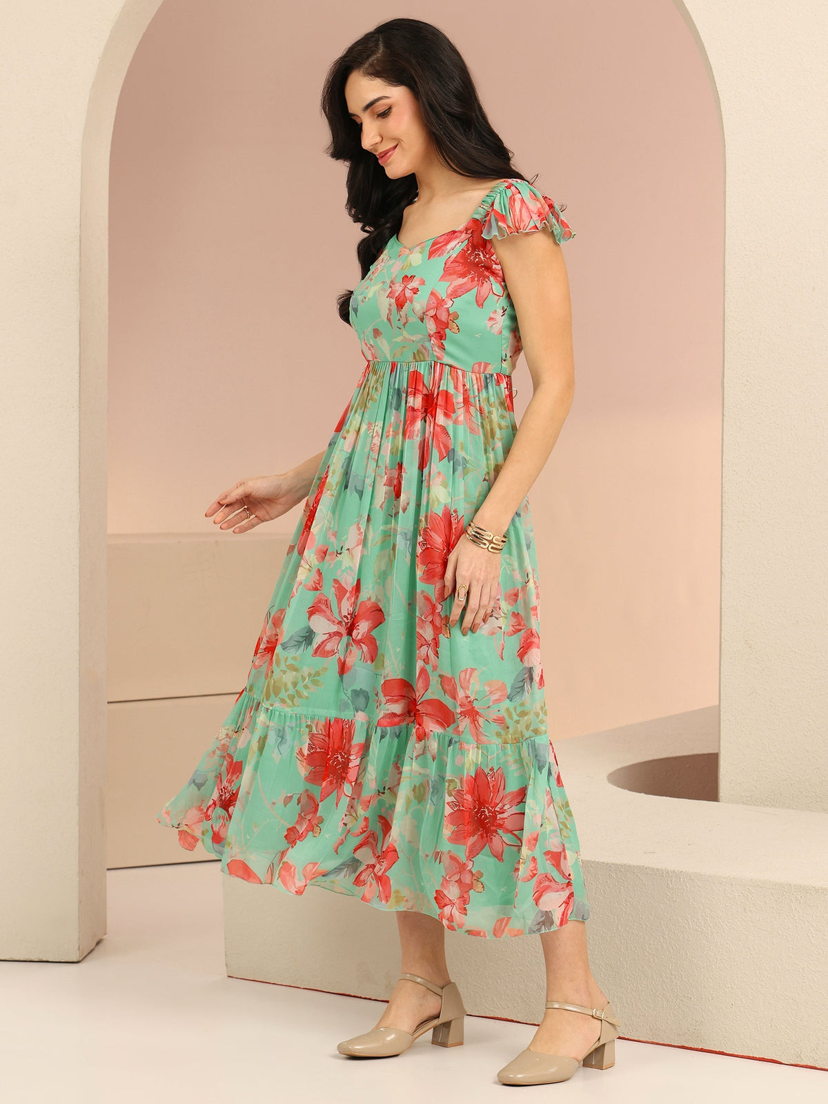Anouk Mint Green Floral Printed Chiffon A-Line Dress