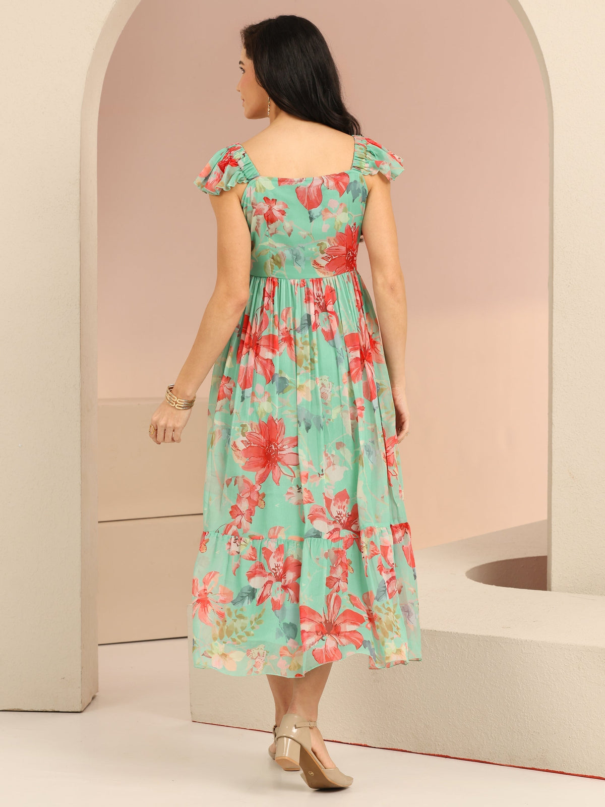 Anouk Mint Green Floral Printed Chiffon A-Line Dress