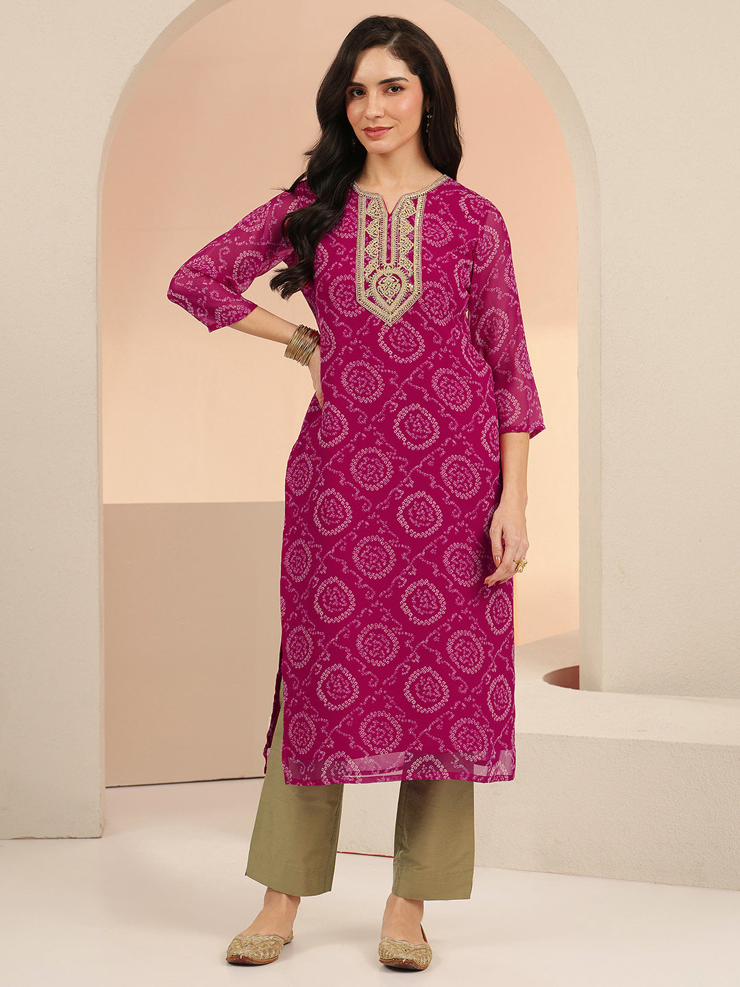 Anouk Rani Pink Bandhani Printed Chiffon Straight Kurta