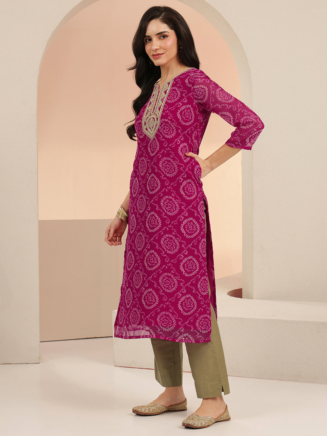 Anouk Rani Pink Bandhani Printed Chiffon Straight Kurta