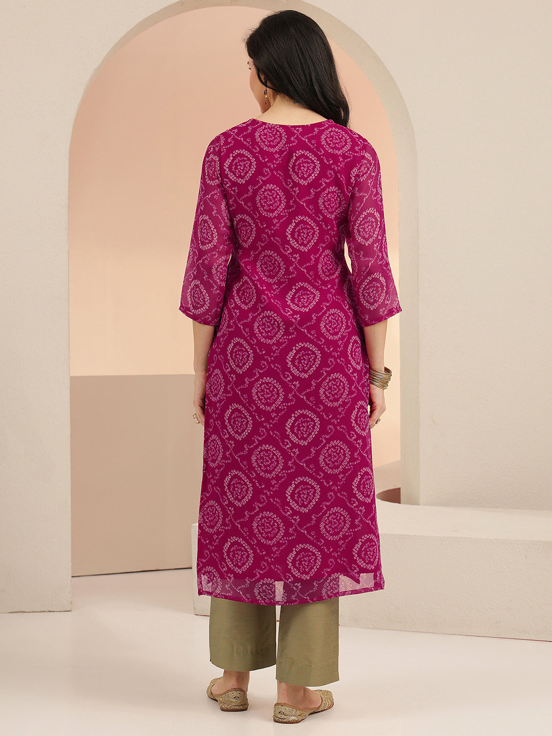 Anouk Rani Pink Bandhani Printed Chiffon Straight Kurta