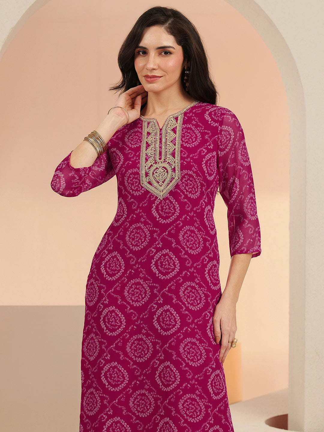 Anouk Rani Pink Bandhani Printed Chiffon Straight Kurta