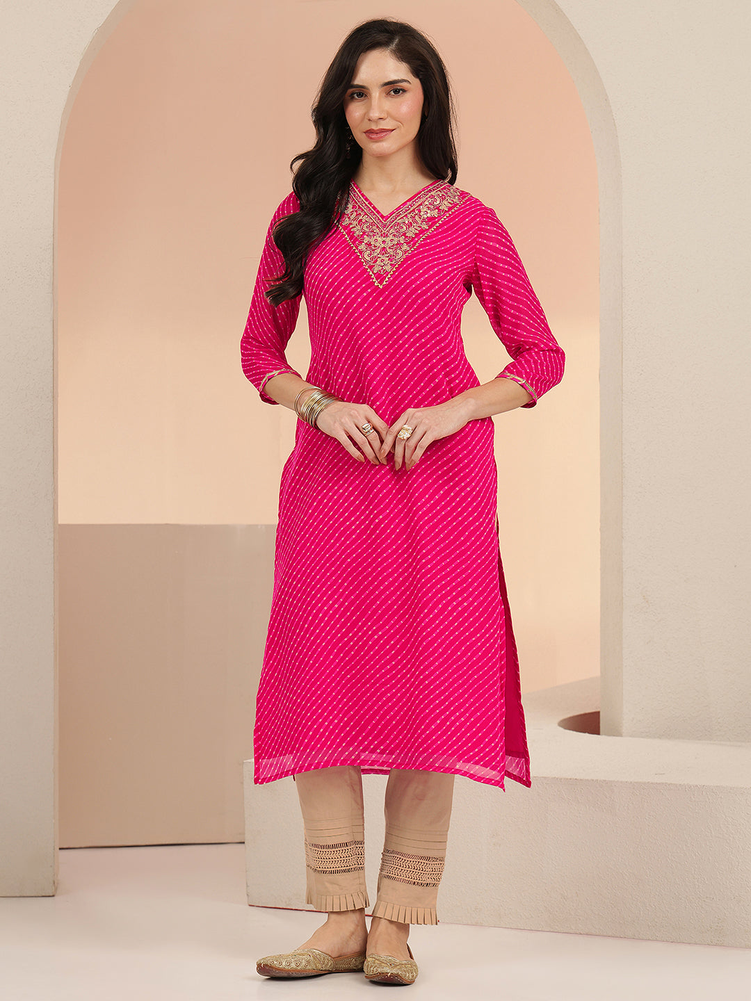 Anouk Hot Pink Leheriya Printed Chiffon Straight Kurta