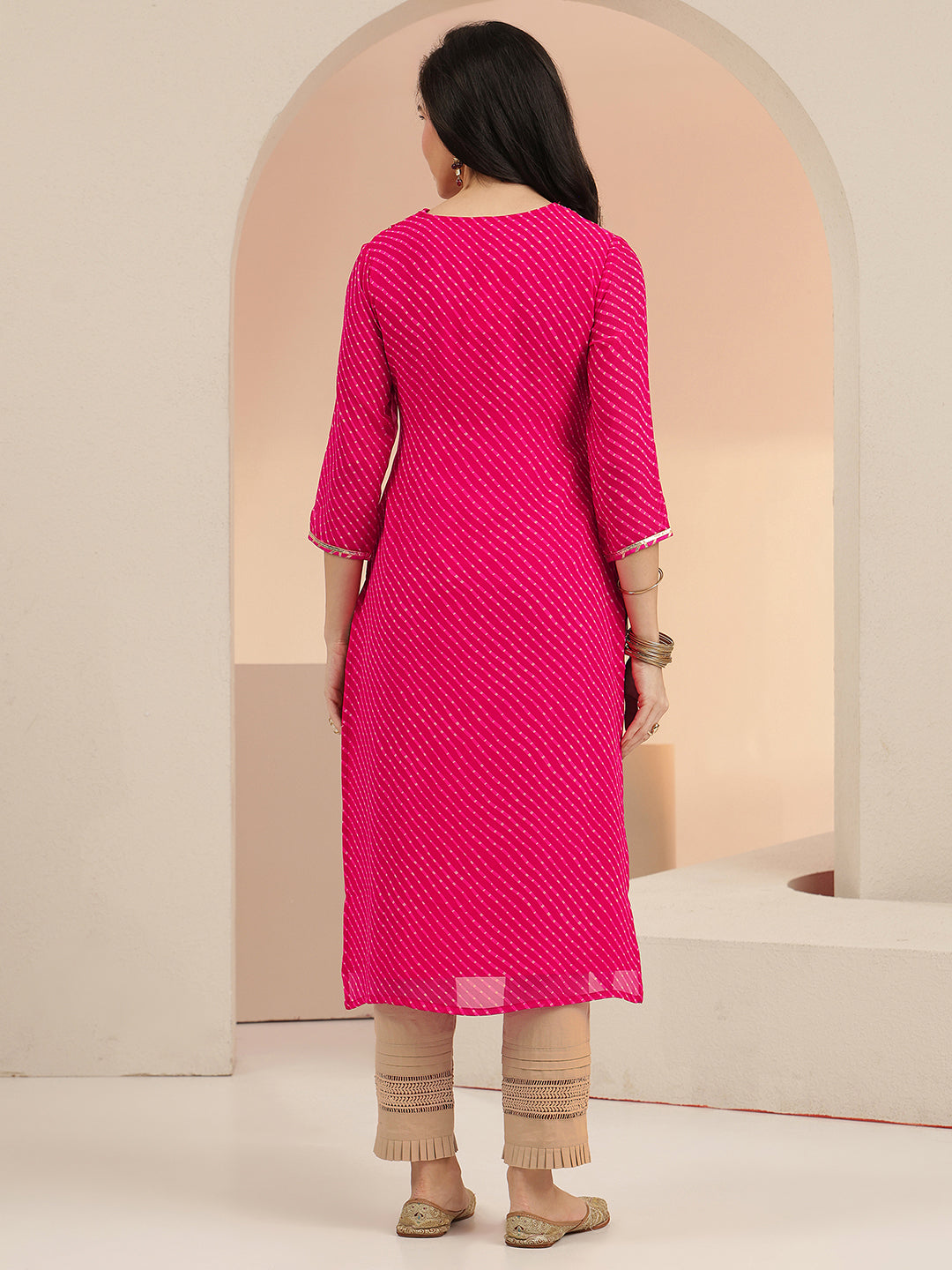 Anouk Hot Pink Leheriya Printed Chiffon Straight Kurta
