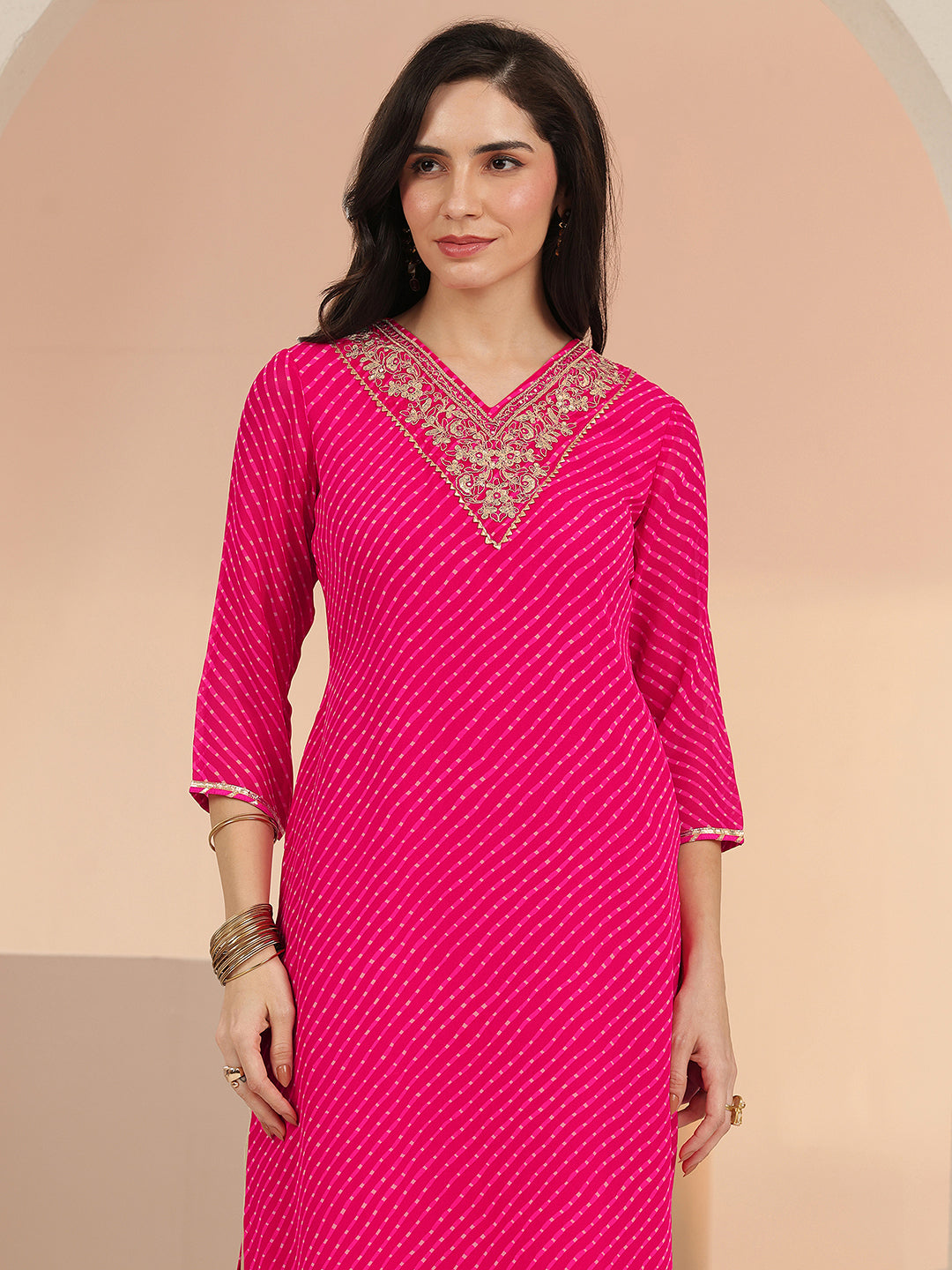 Anouk Hot Pink Leheriya Printed Chiffon Straight Kurta