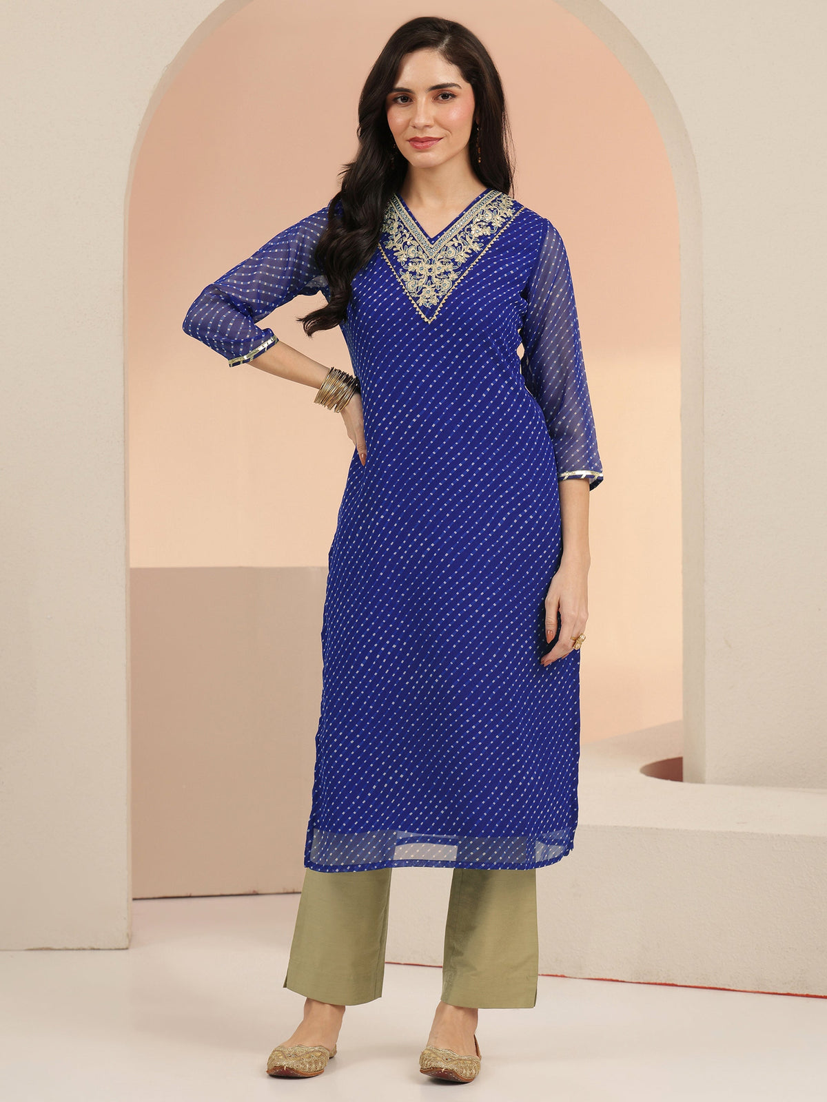Anouk Cobalt Blue Printed Chiffon Straight Kurta