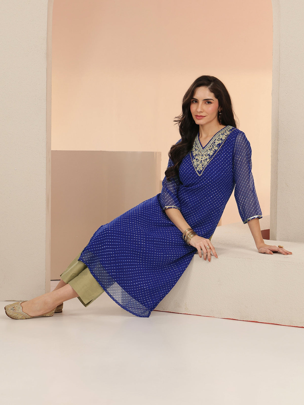 Anouk Cobalt Blue Printed Chiffon Straight Kurta