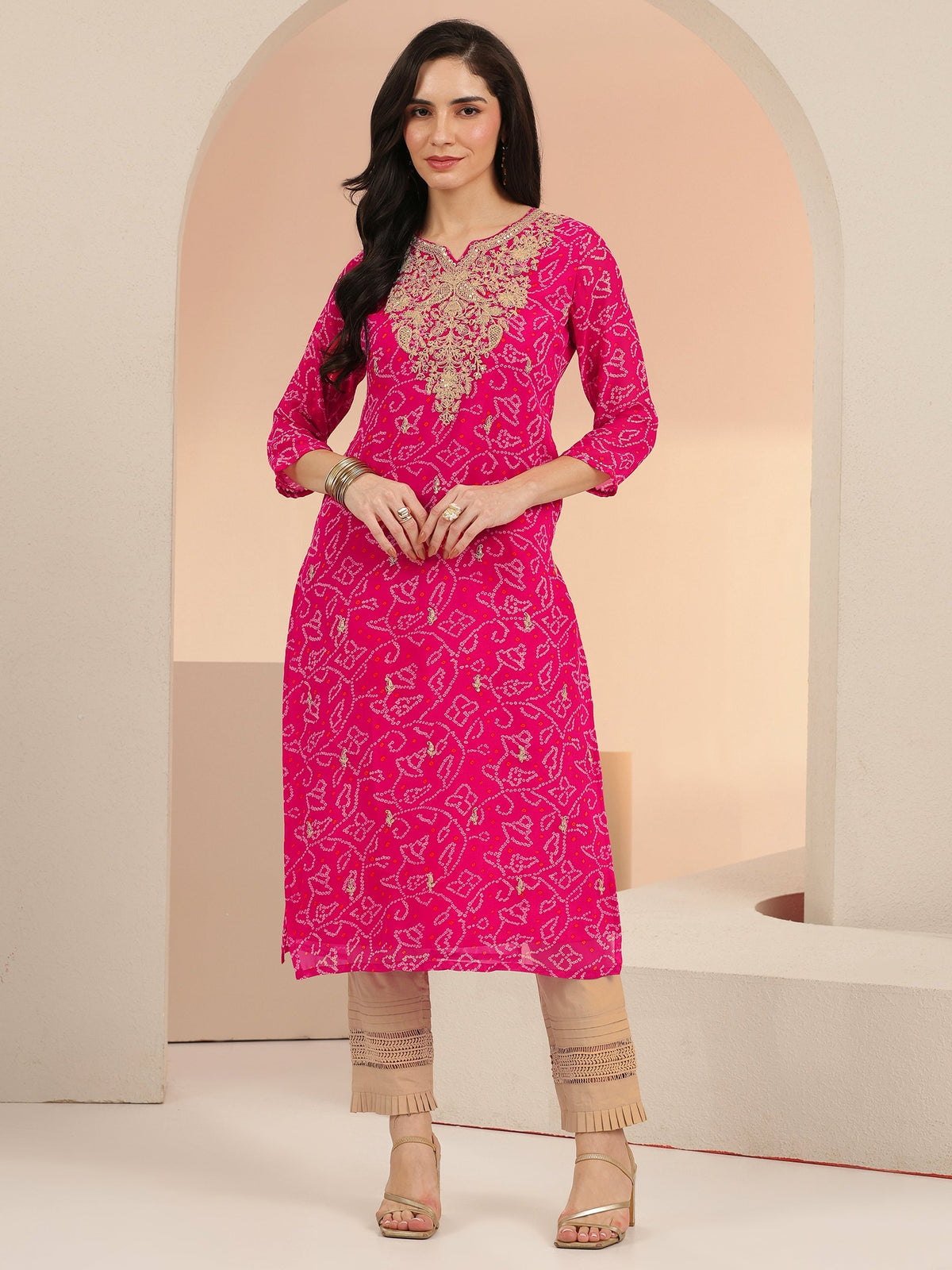 Anouk Fuchsia Pink Bandhani Printed Chiffon Straight Kurta
