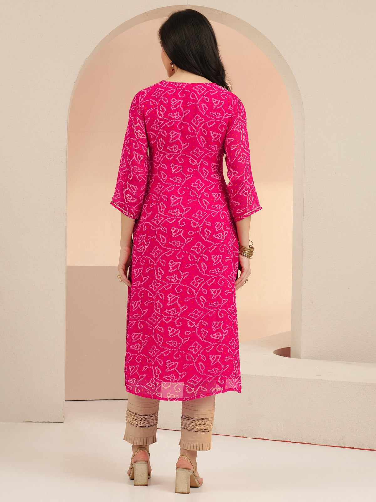 Anouk Fuchsia Pink Bandhani Printed Chiffon Straight Kurta