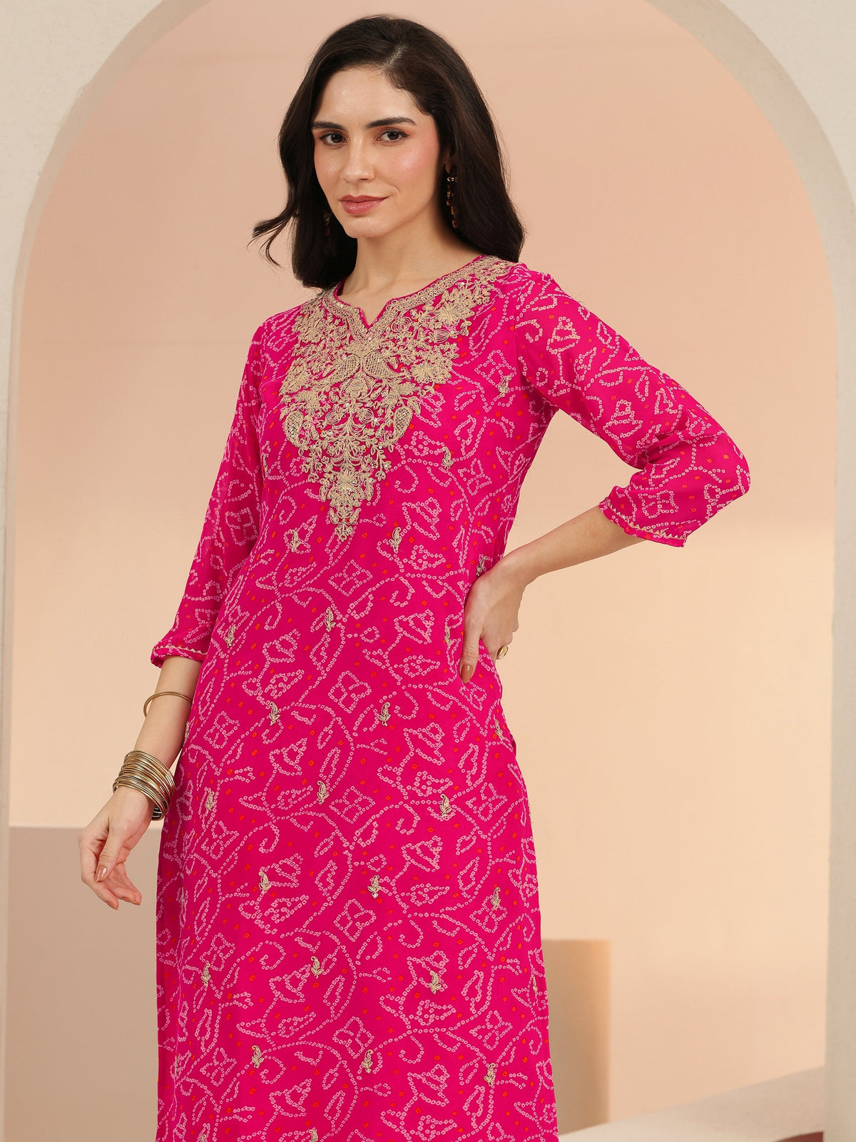 Anouk Fuchsia Pink Bandhani Printed Chiffon Straight Kurta