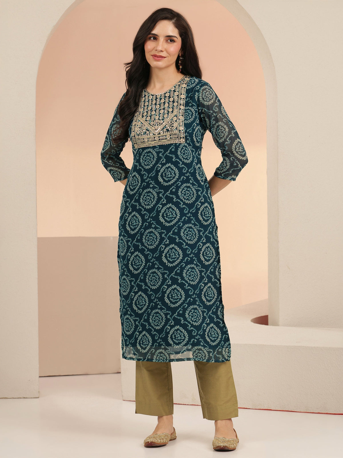 Anouk Teal Blue Bandhani Printed Chiffon Straight Kurta