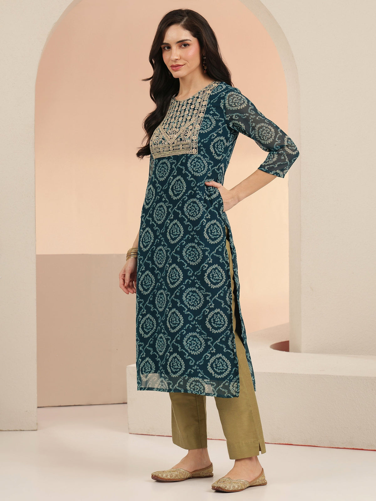 Anouk Teal Blue Bandhani Printed Chiffon Straight Kurta