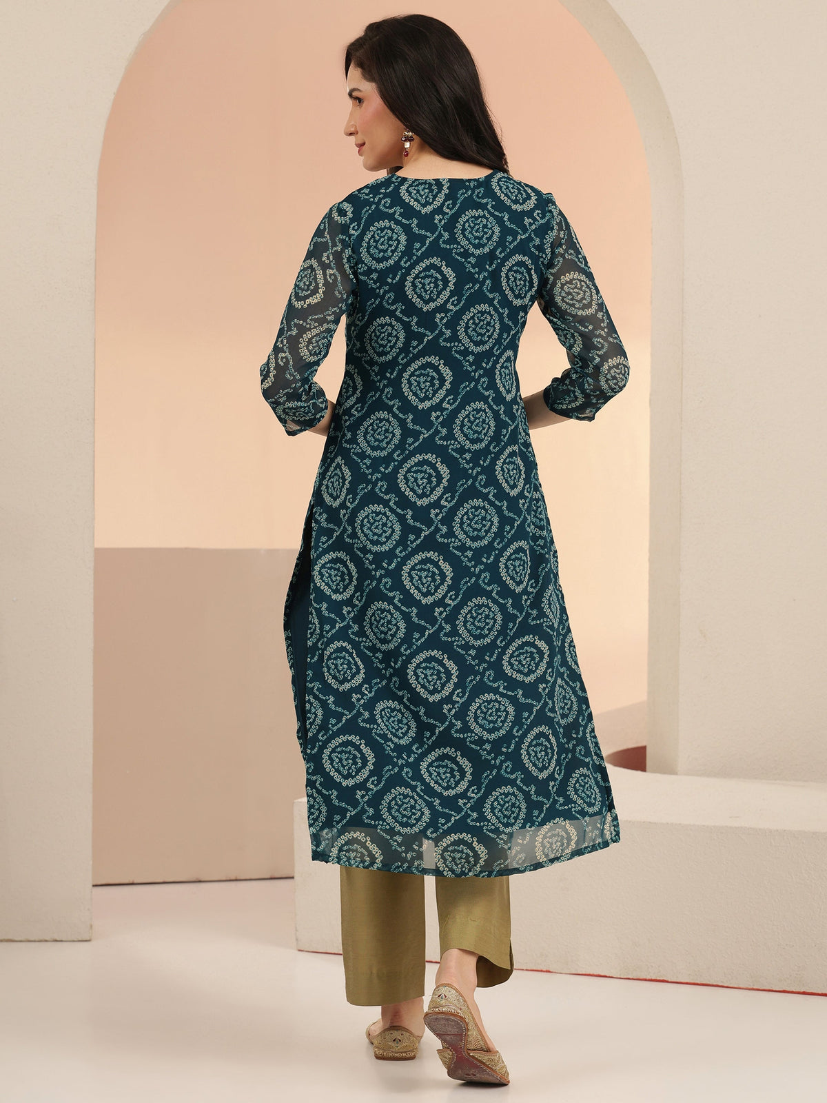 Anouk Teal Blue Bandhani Printed Chiffon Straight Kurta
