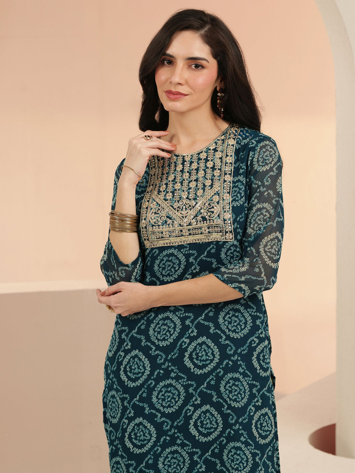 Anouk Teal Blue Bandhani Printed Chiffon Straight Kurta