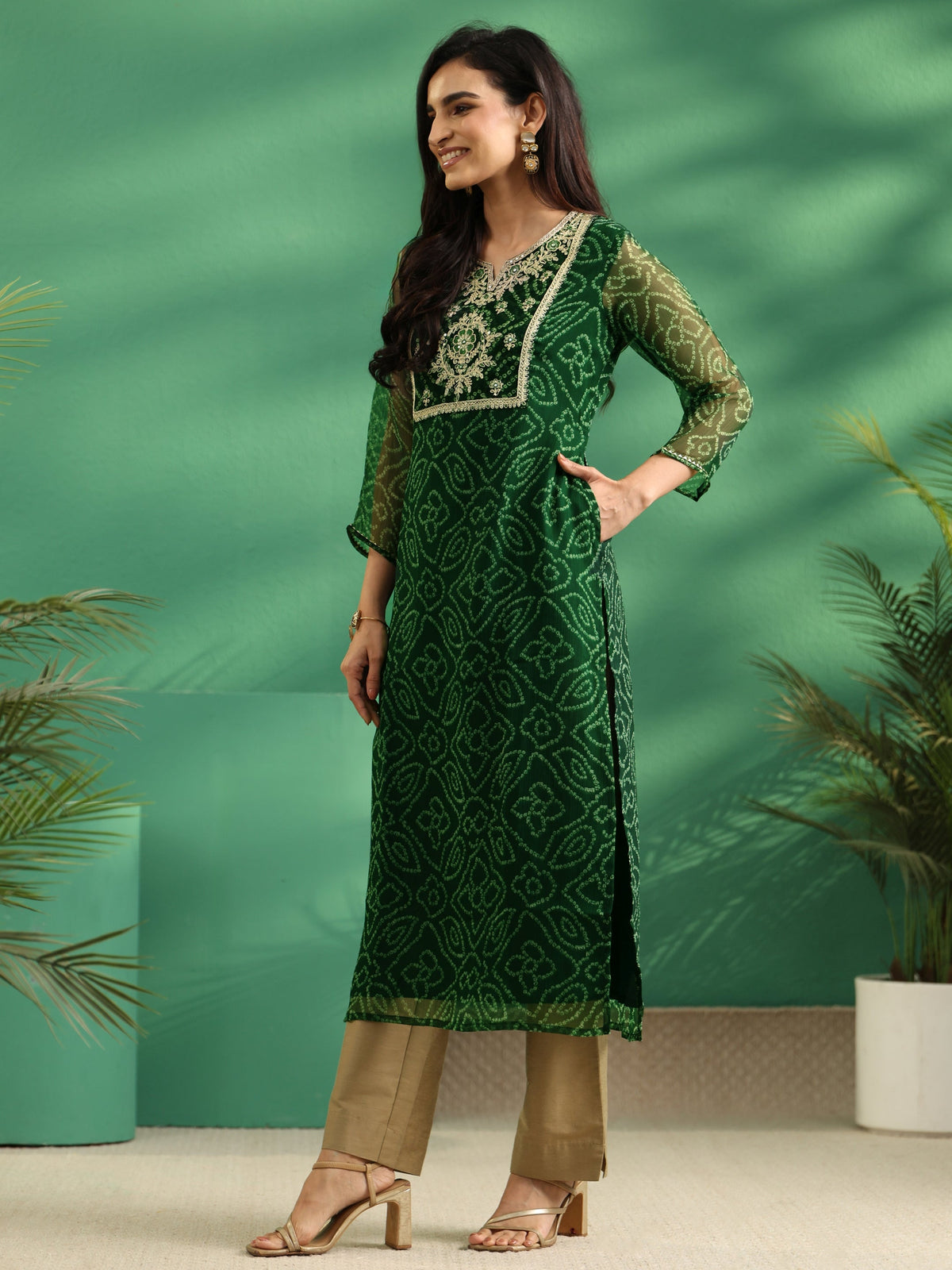 Anouk Moss Green Bandhani Printed Chiffon Straight Kurta