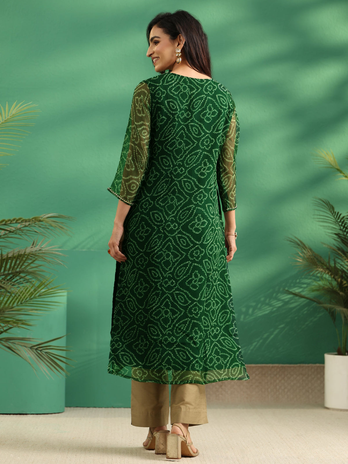 Anouk Moss Green Bandhani Printed Chiffon Straight Kurta