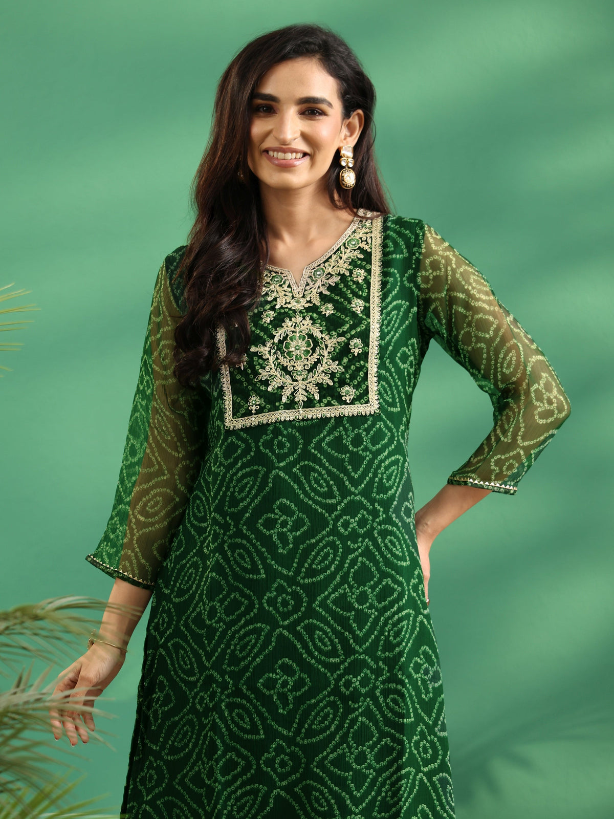 Anouk Moss Green Bandhani Printed Chiffon Straight Kurta